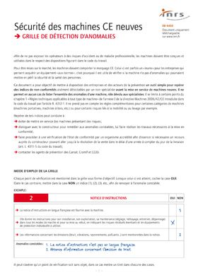 Sécurité des machines CE neuves. Grille de détection d\'anomalies